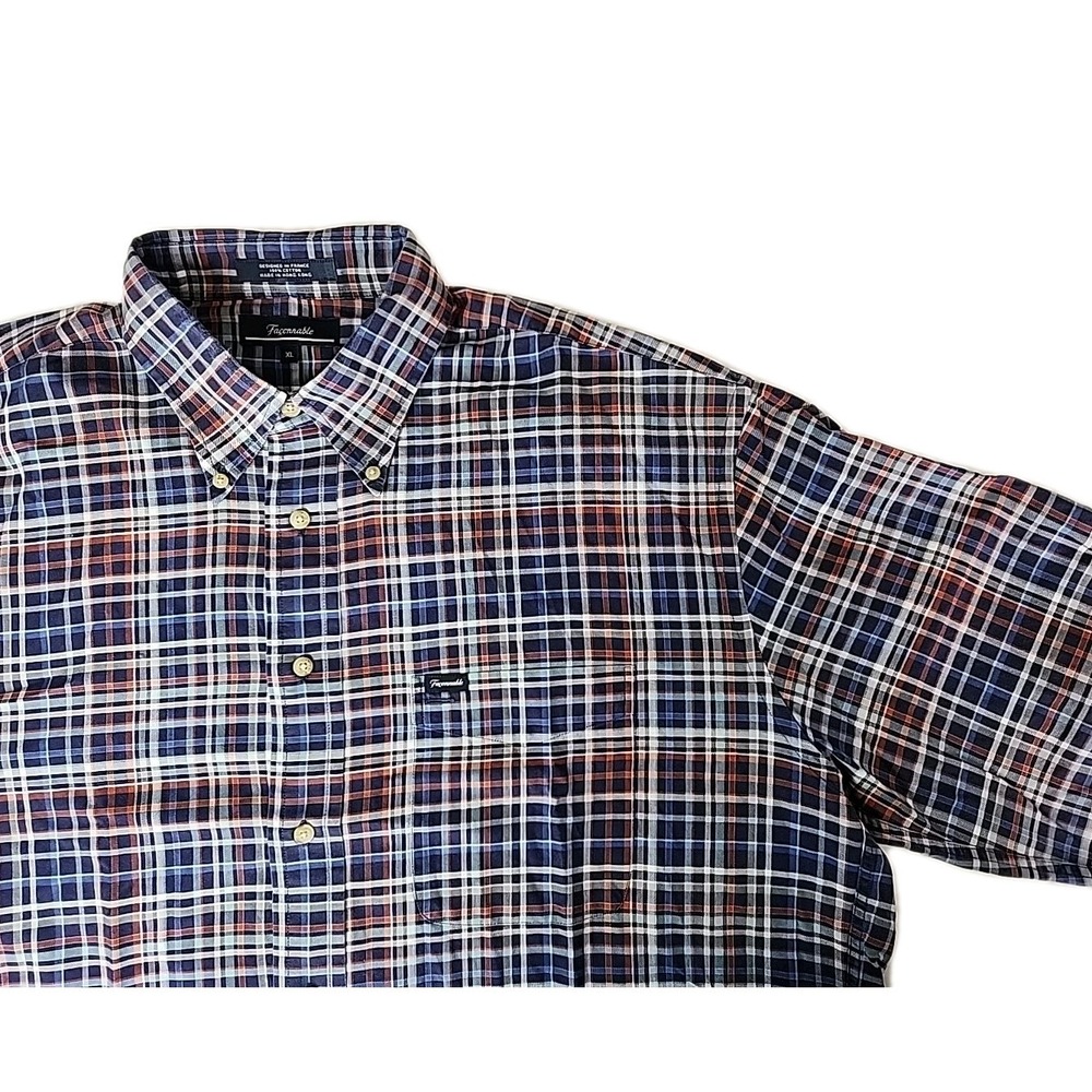Faconnable Men's XL Designer 100% Cotton Western Blue Plaid Long Sleeve Soft EUC